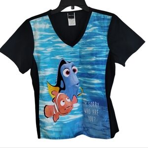Disney Finding Nemo Scrub Top Pixar V-Neck Slit Kangaroo Pockets Stretch Panels